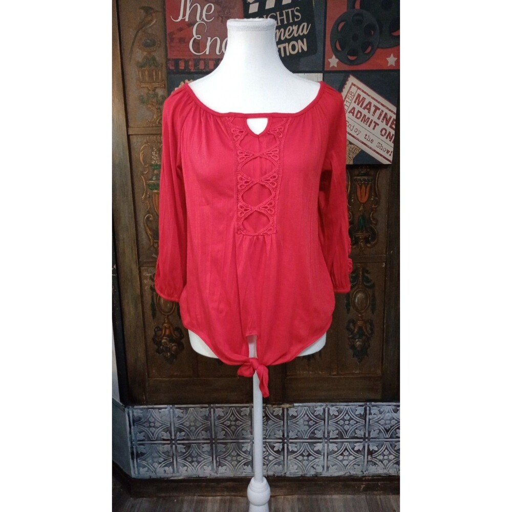 French Laundry Women's Size S Red Solid Lace Accent Scoop Neck 3/4 Sleeve Blouse